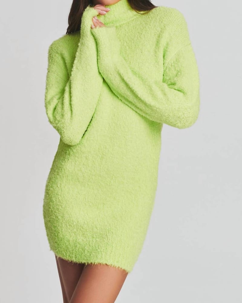 Front of a model wearing a size L Charlie Boucle Sweater Dress In Lime in Lime by SER.O.YA. | dia_product_style_image_id:346655